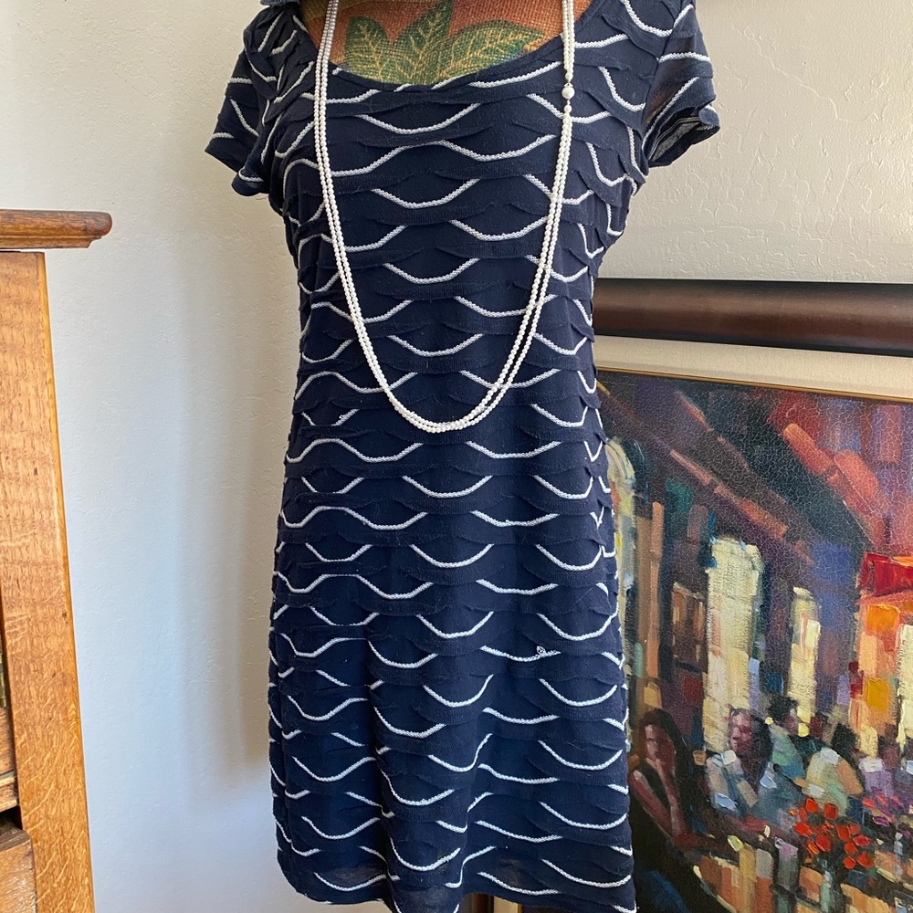 Blue and White Lined Cotton Scalloped Dress